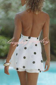 Gabby Linen Blend Polka Dot Tie-up Lapel Halter Vest and Metal Ring Belt Loose Shorts Set
