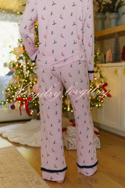 Postcards To Santa Unique Print Ruffles Trim Pocket Shirt and Elastic Waist Pajama Set