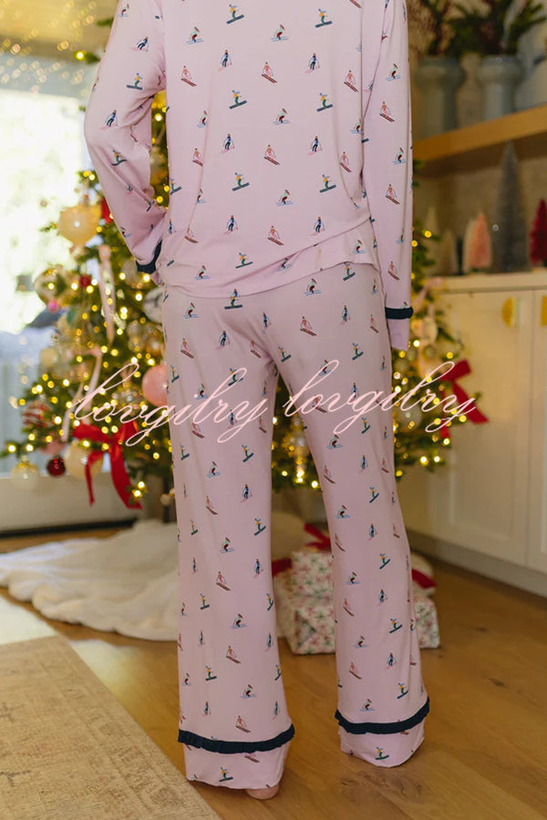 Postcards To Santa Unique Print Ruffles Trim Pocket Shirt and Elastic Waist Pajama Set