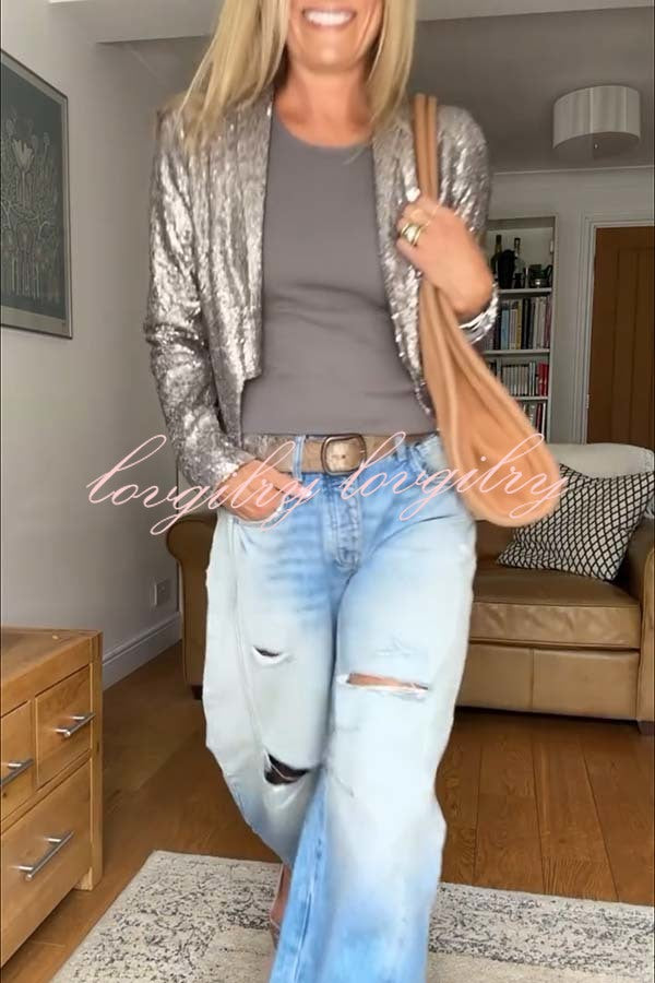 A Shining Day Sequin Long Sleeve Cropped Lapel Jacket