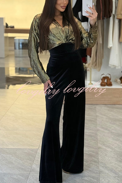 Caitlin Metallic Velvet Patchwork Long Batwing Sleeve Pocket Wide Leg Jumpsuit