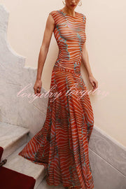 Bella Stretch Mesh Unique Print Bodysuit and High Rise Elastic Waist Maxi Skirt Set
