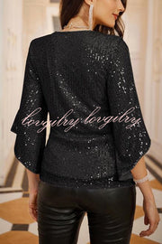 Solid Color Sequined V-neck Hollow Sleeve Slim Fit Top