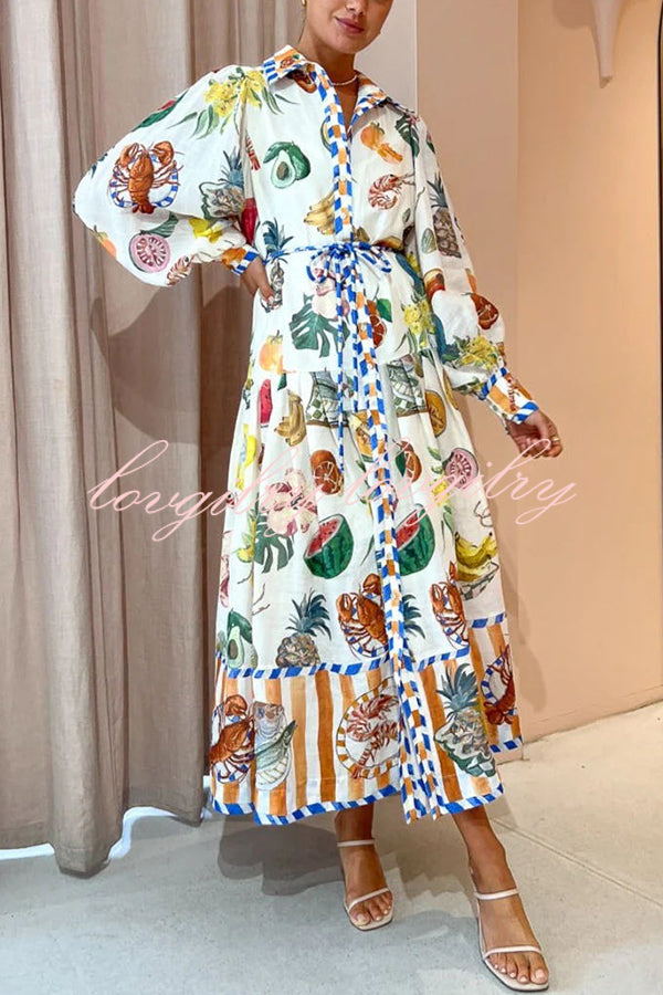 Hopeful Moments Tropical Fruit Print Balloon Sleeve Patchwork Shirt Midi Dress