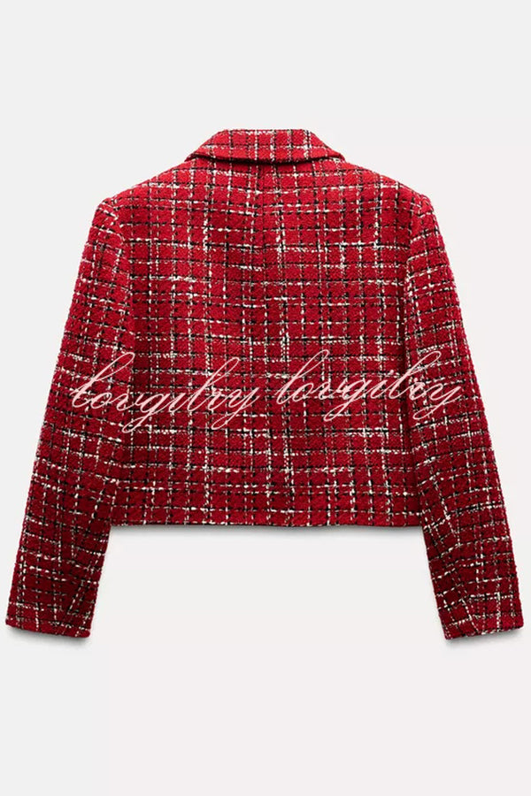 Tweed Plaid Textured Long-sleeved Casual Pocket Jacket