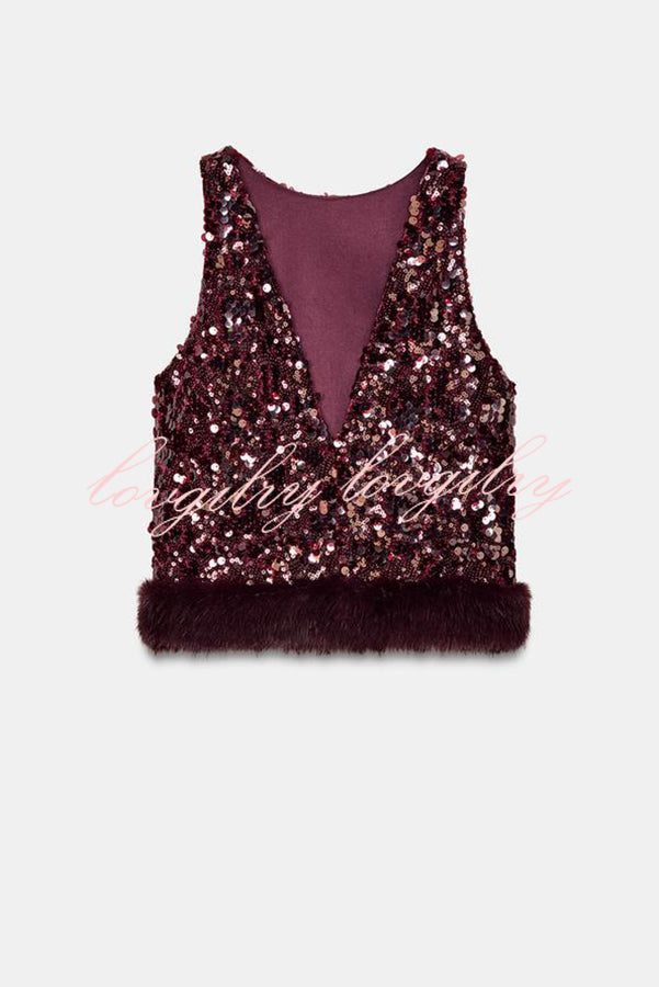 Gala Goddess Sequin Faux Fur Trim Crew Neck Sleeveless Loose Top