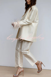 Chic Affair Satin Feather Trim Lapel Loose Blazer and High Rise Pocket Tapered Pants Set
