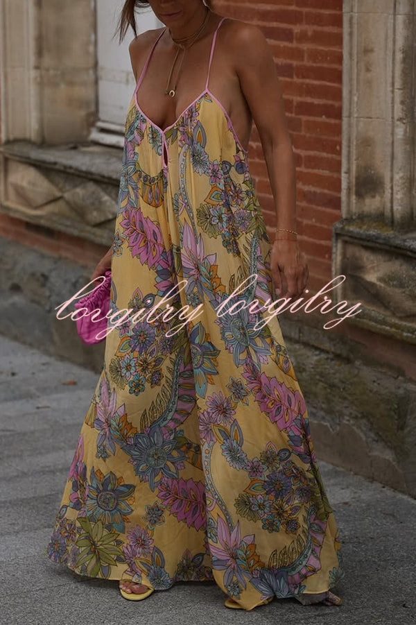 Plant Print Halter Back Loose Holiday Maxi Dress