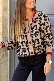 Leopard Print Crew Neck Long-sleeved Loose Knit Cardigan