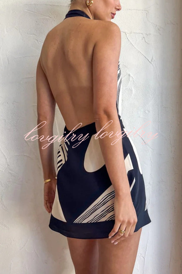 Unique Printed Open Back Waist Tie Holiday Mini Dress