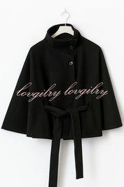 Fashionable Stand Collar Button Waist Tie Loose Cape