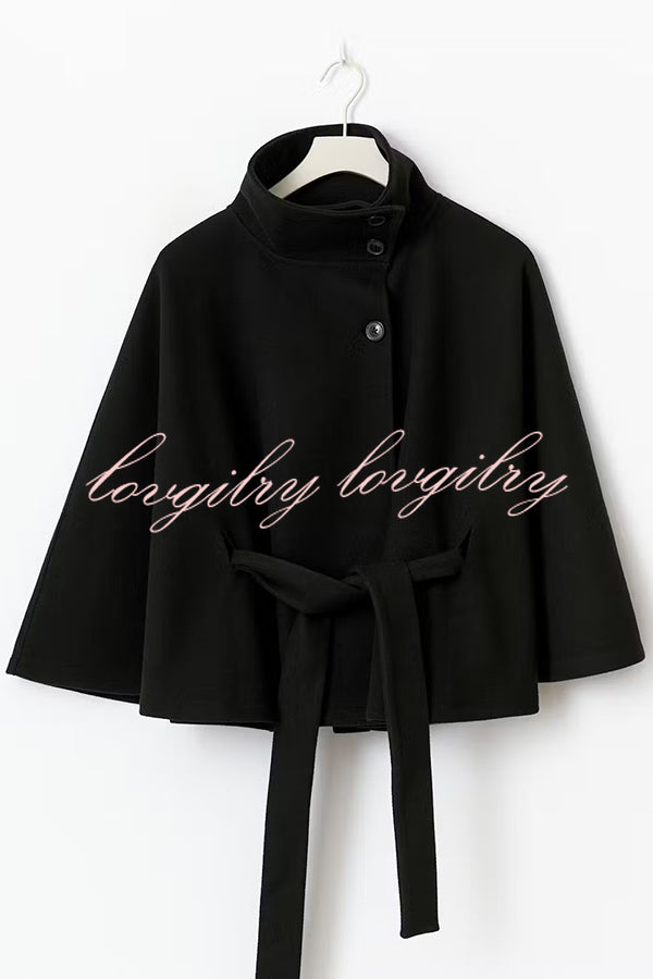 Fashionable Stand Collar Button Waist Tie Loose Cape