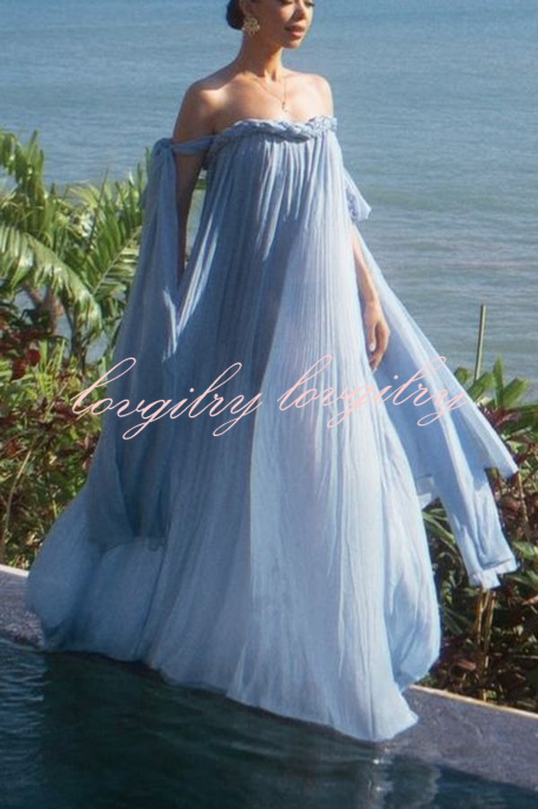 Fairy Spirit Tulle Braided Neckline Tie Arm Straps Pleated Maxi Dress