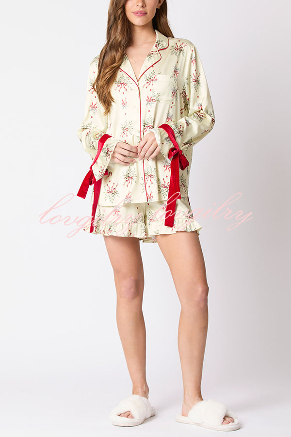 Christmas Fashion Printed Bow Tie Top and Elastic Waist Ruffle Shorts Set