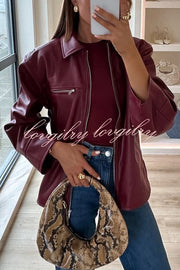 Fashion Lapel Long Sleeve Pocket Zipper Leather Jacket