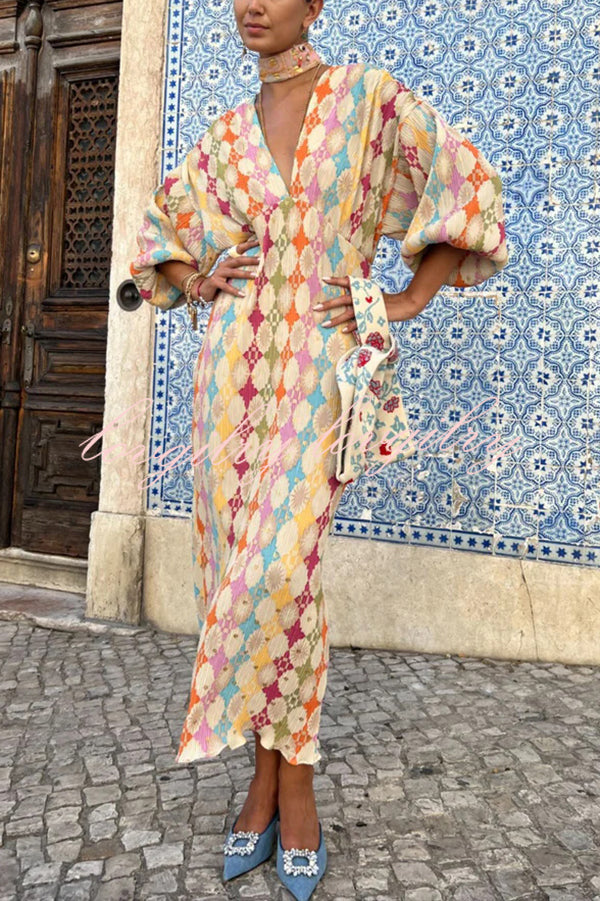 Gorgeous Sunshine Colorful Unique Print Kimono Puff Sleeve Midi Dress