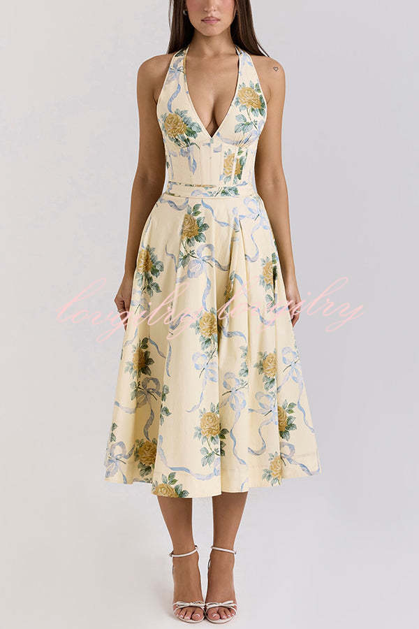 Resort Star Floral Print Waist Halterneck Tie Pocket Midi Dress