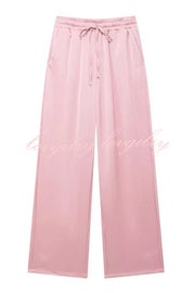 Fashionable Pleated Elastic Waist Tie Casual Pocket Wide-leg Pants