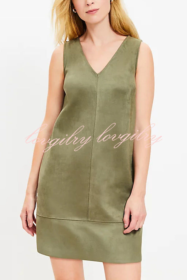 Found Your Style Faux Suede V-neck Sleeveless Shift Mini Dress