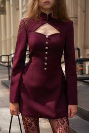 Elegant Long-sleeved Hollowed-out Button-down Slim-fit Mini Dress