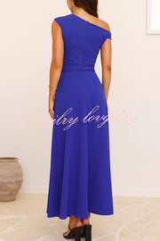 Solid Color Sloped Collar Slim Fit Waist Lace Up Full Hem Maxi Dress