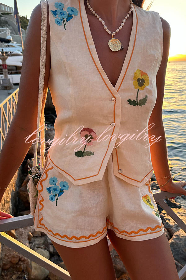 Summer Flower Printed Linen Blend Button Vest and Elastic Waist Pocket Shorts Set