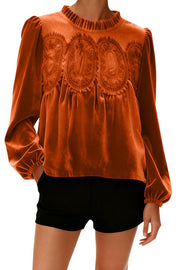 Fashionable Velvet and Lace Patchwork Loose Long-sleeved Top