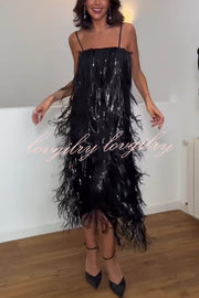 Chic Celebration Layered Sequined Tassels Slip Strapless H-line Midi Dress