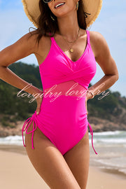 Solid Color Drawstring Waist Mesh One-Piece Bikini Swimsuit