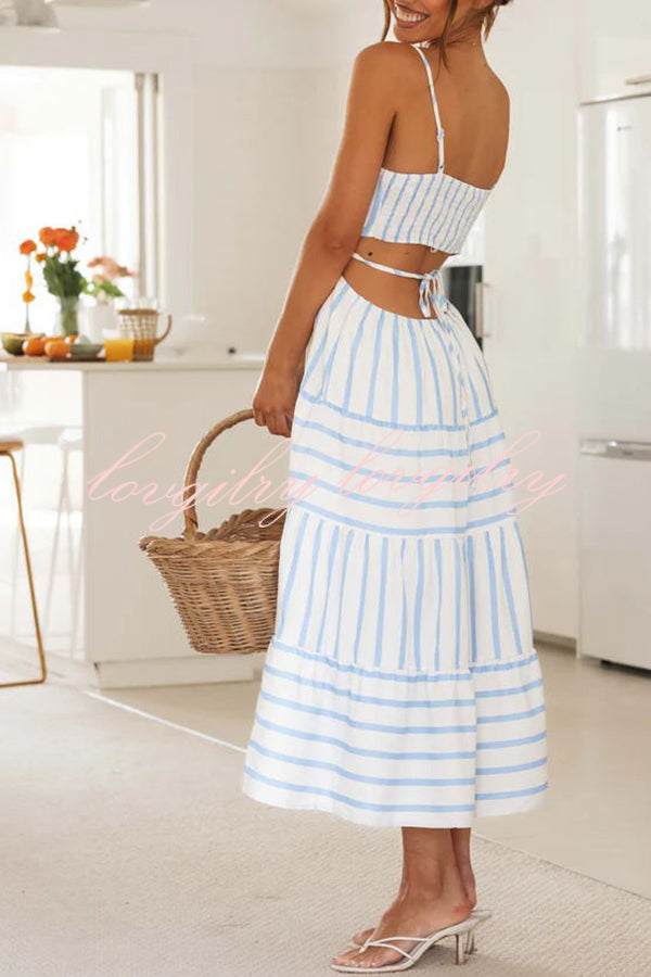 Exquisite Striped Suspender Hollow Pleated Patchwork Lace Up Midi Dress