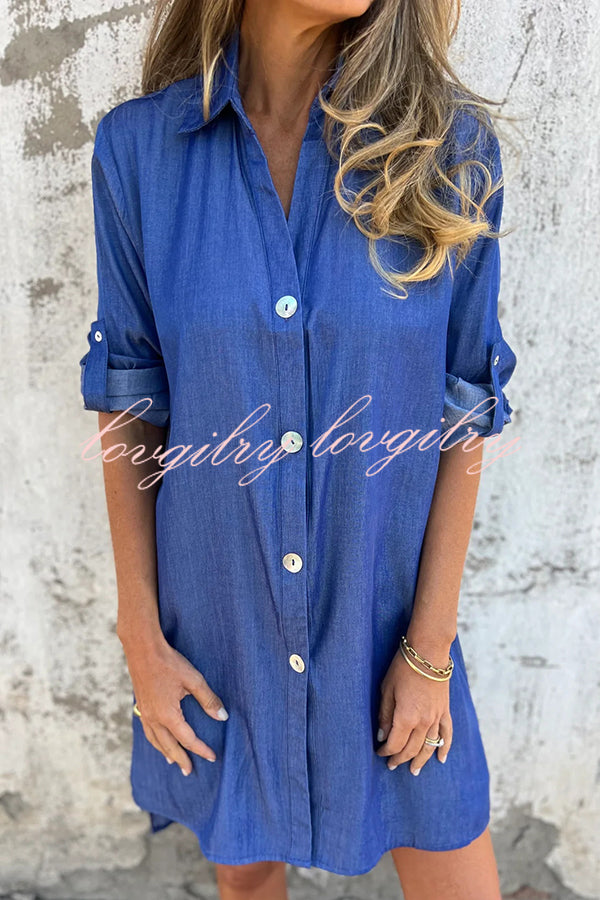 Solid Color Imitation Denim Casual Button Mid-length Shirt