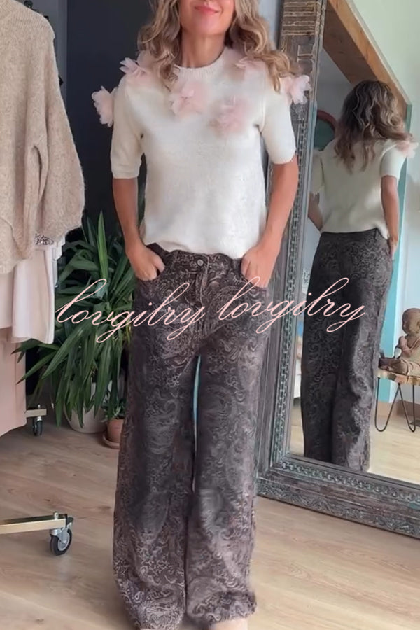 Alboran Knit Organza Flowers Detail Short Sleeve Loose Sweater