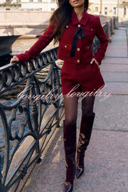 Sweet Dreams Tweed Bow Neck Button Long Sleeve Pocket Crop Jacket