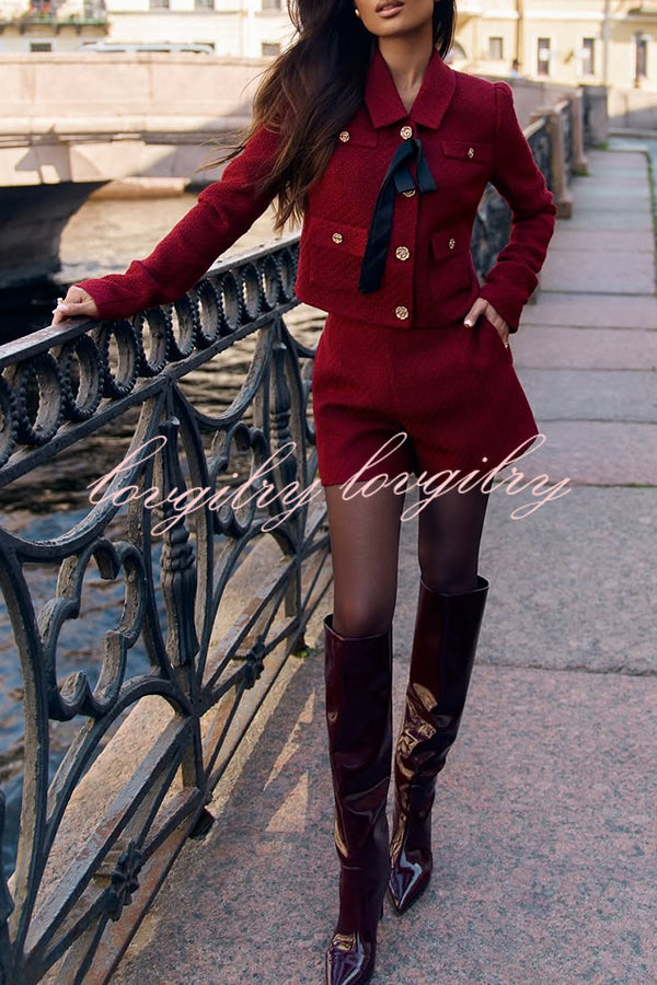Sweet Dreams Tweed Bow Neck Button Long Sleeve Pocket Crop Jacket