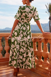 Unique Printed V-neck Puff Sleeves Tie Waist Midi Dress