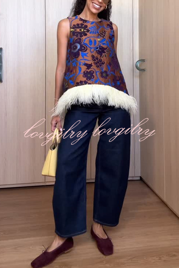 Emina Floral Feather Trim Trapezoidal Silhouette Asymmetrical Hem Top