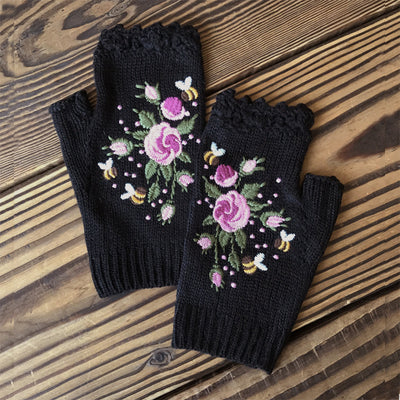 Hand Embroidered Gloves Women's Knitted Gloves Flower Gloves