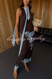 Sunday Social Contrast Color Satin Lace Trim Mid Rise Maxi Skirt