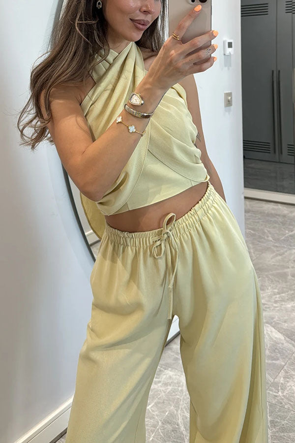 Noellie Cross Halter Neck Smocked Tank and Elastic Waist Pocketed Wide Leg Pants Set