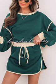 Fashion Round Neck Long Sleeve Spliced Casual Top and Elastic Waist Loose Shorts Set
