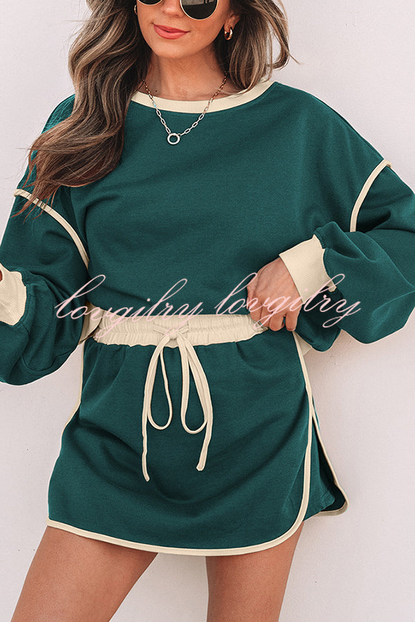 Fashion Round Neck Long Sleeve Spliced Casual Top and Elastic Waist Loose Shorts Set