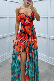 Loving Moment Gradient Unique Print Flowing Layered Ruffles Strapless Slit Maxi Dress