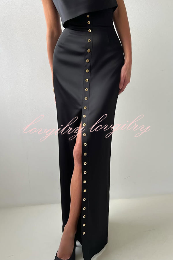 Solid Color Casual Sleeveless Crop Top and Elegant Button-down Maxi Skirt Set