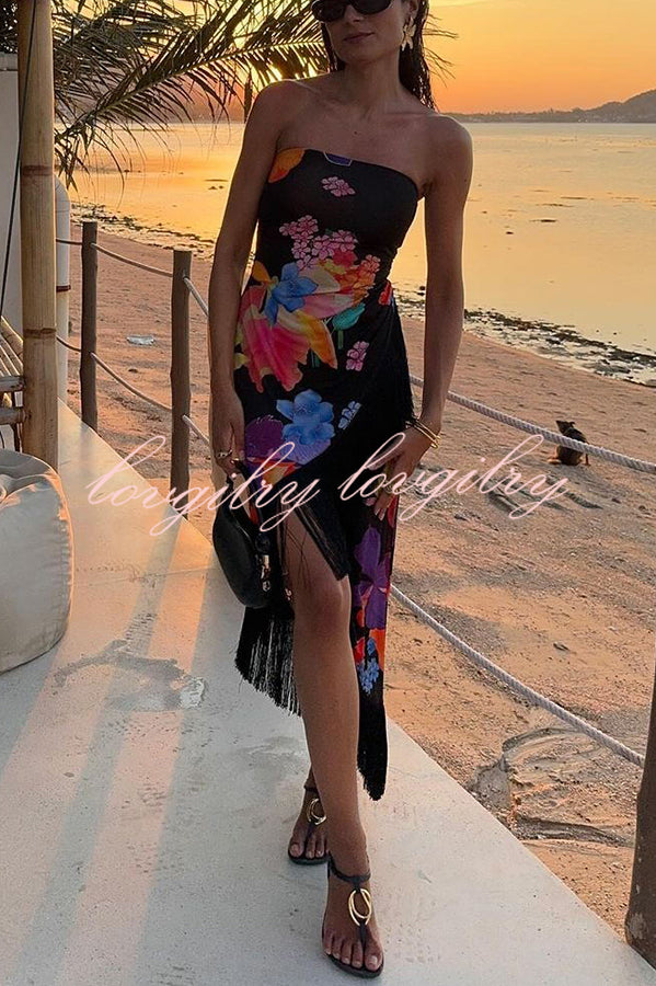 Island Girl Era Floral Print Tassel Trim Bandeau Stretch Midi Dress