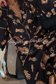 Golden Night Unique Print Color-block Trim Loose Shirt and Elastic Waist Pocketed Pajama Set