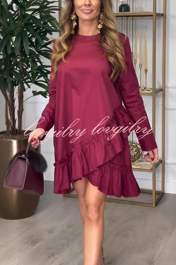 Solid Long Sleeve Round Neck Ruffle Hem Mini Dress