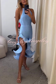 Solid Color Sleeveless Waist Tie Irregular Ruffle Slim Midi Dress