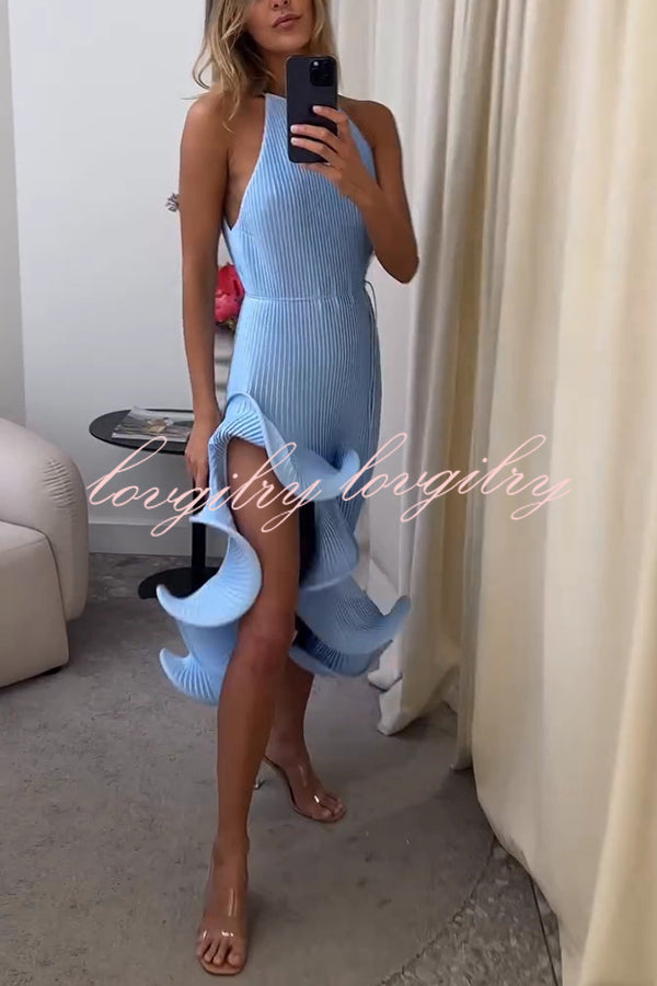 Solid Color Sleeveless Waist Tie Irregular Ruffle Slim Midi Dress