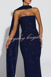 Pandra Glittery Crepe Fabric Off Shoulder Ruched Slit Cape Maxi Dress