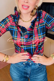 Duke of York Holiday Plaid Ruffle Stand Neck Half Sleeve Blouse